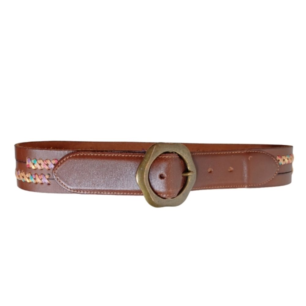 Lucky Brand Boho Leather Brown Bronze Colorful Stitching Size S Belt